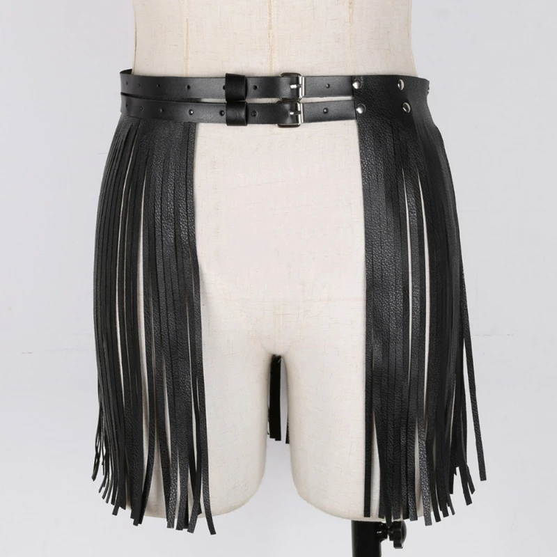 ผู้หญิง Punk PU หนังพู่กระโปรงเข็มขัดเต้นรำละติน Goth Party Fringed Double Buckled เข็มขัดเอว Swing กระโปรง