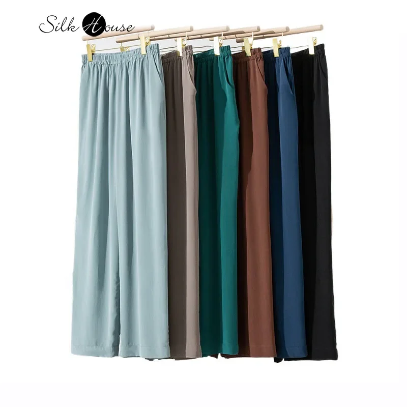 Autumn New 100% Natural Mulberry Silk Sand Washed Double Crepe Elastic Waist Pocket Design Women's Casual Straight Leg Pants