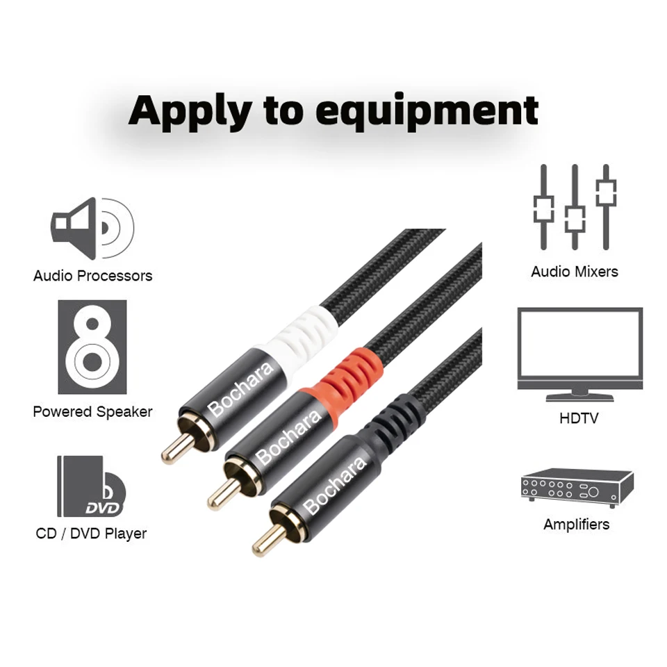 Bochara Braided RCA Male to 2RCA Male OFC Audio Cable Y Splitter Foil+Braided Shielded For Subwoofer Speaker Amplifier