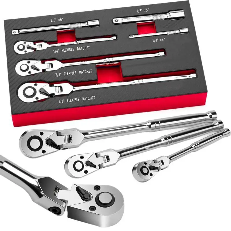 Flex Head Ratchet Set 1/4" 3/8" 1/2" Drive Swivel Head Ratchet with Extension 72 Teeth 180° Adjustable 6-Piece Set