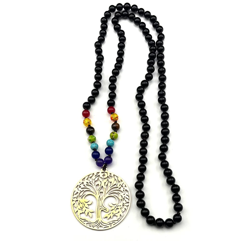 

Yoga Hollow Tree of Life 7 Chakra Stainless Steel Pendant 108 Glass Beads Chain Necklace Gold Color Reiki Healing Jewelry Gift