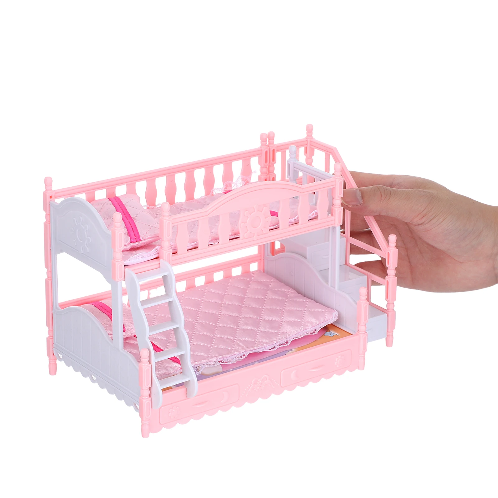 

Набор миниатюрной двухъярусной кровати для кукольного домика, масштаб 1:12, мебель для спальни, имитация мини-кровати с лестницей, простыней и подушкой