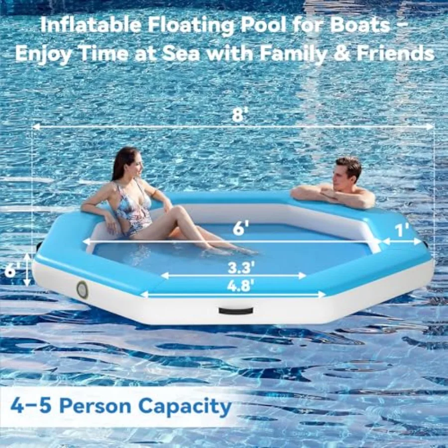Round inflatable floating dock for lakes and oceans, woven fabric, blue, quick inflate/deflate with manual pump, fits 2-8 peopl