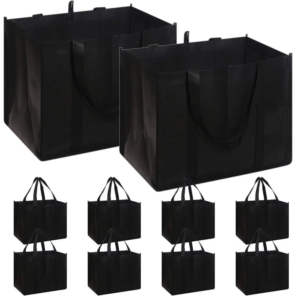 

10-Pack Durable, Foldable Extra Large Shopping Bags with Strong Handles for Grocery, Produce, Black
