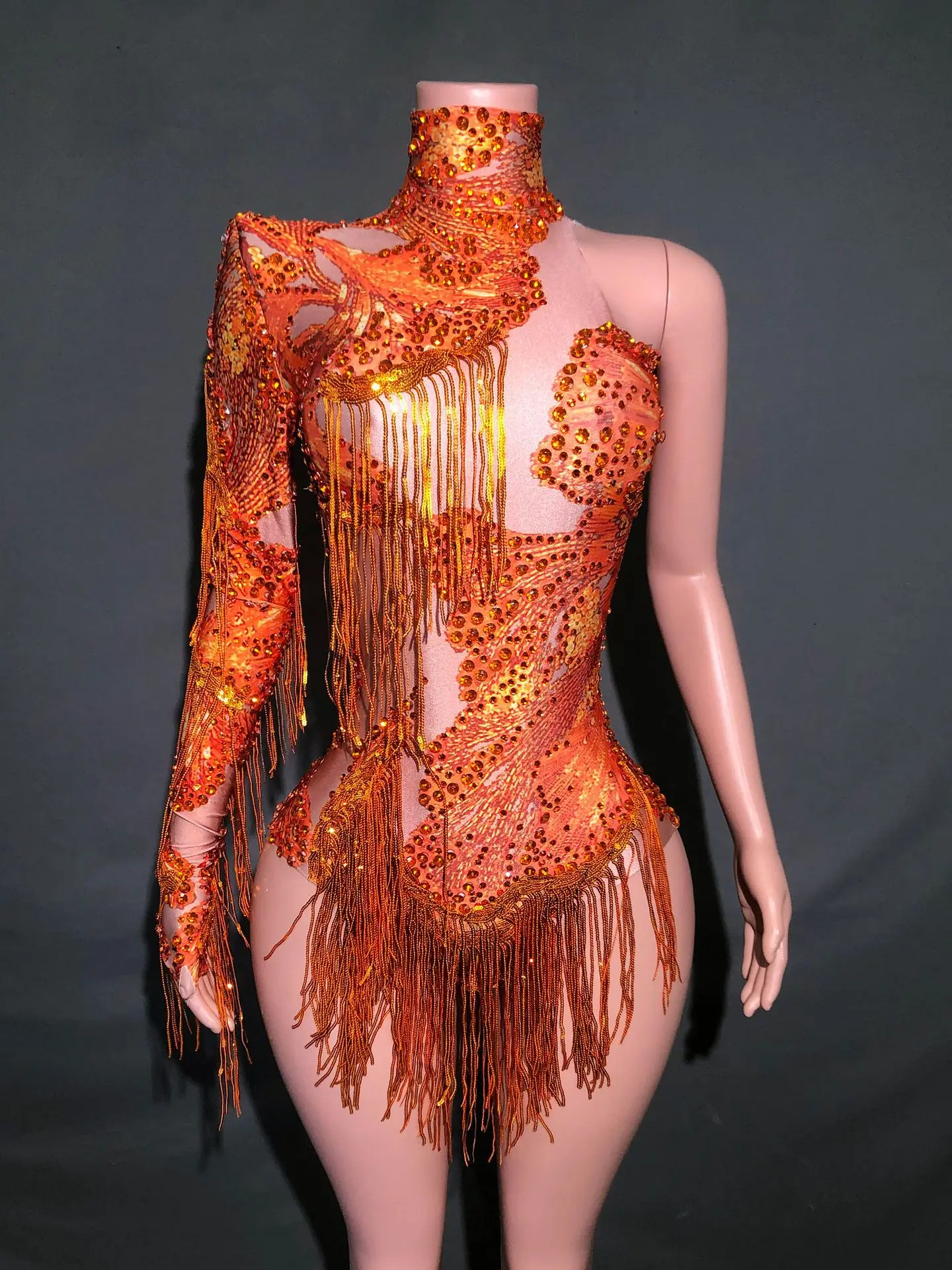 

Women Luxury Beading Tassel Single Sleeve Turtleneck Bodysuits Latin dance costume Nightclub Showgirl Dresses Dropshipping