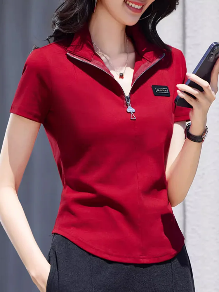 New Women Short Sleeve T-shirt Fashion Zipper Turn-down Collar Slim Cotton Tees Tops Simplicity Casual Pullover T-Shirt