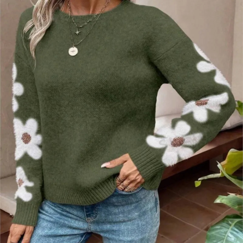 

Женский свободный пуловер с цветочным узором и длинными рукавами, свитер, женская повседневная одежда, осенний новый женский свободный вязаный топ с круглым вырезом