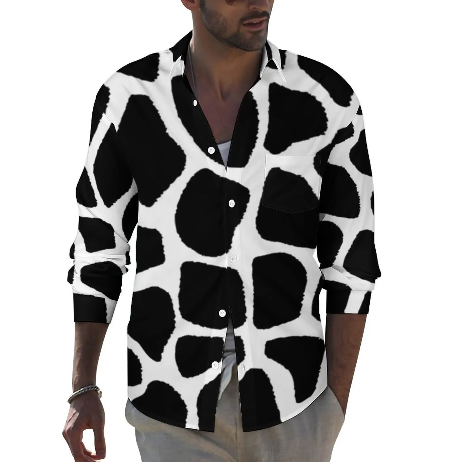 

Black And White Giraffe Shirt Animal Print Casual Shirts Long Sleeve Design Street Blouses Autumn Cool Oversized Top