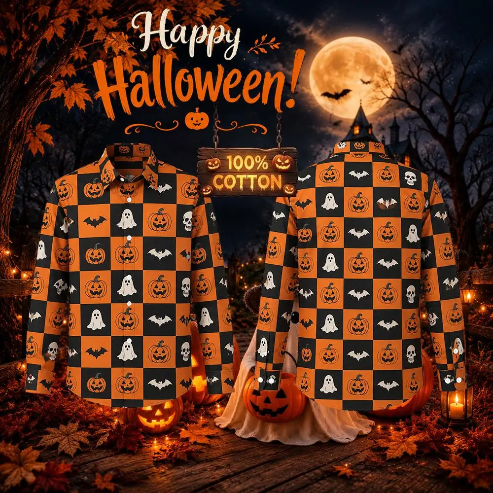 Halloween 2026 Party Long Sleeved Shirt 100% Cotton Casual Tops with Pumpkin Ghost and Bat Print Pumpkin Patch Holiday Gifts