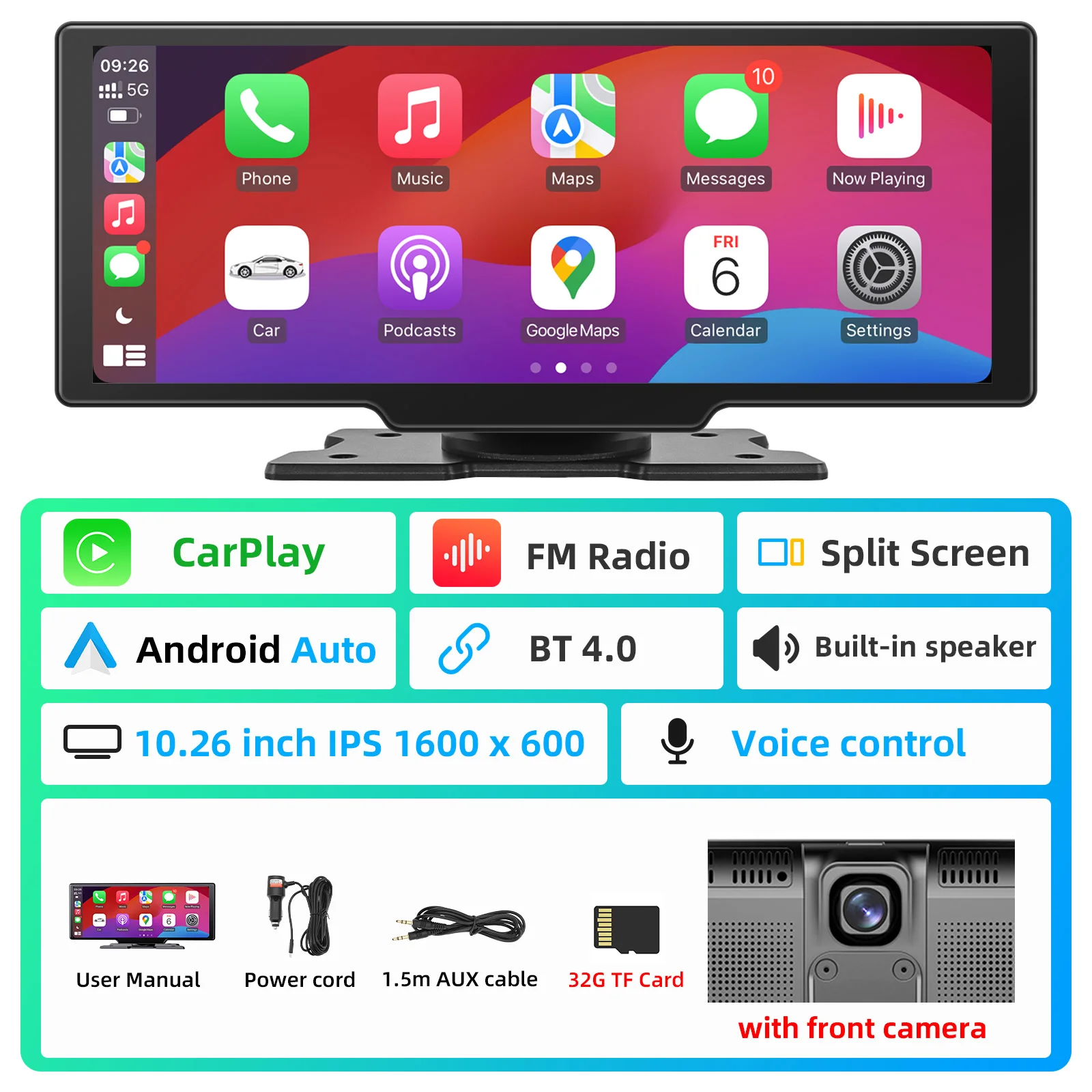 AD 10.26inch Carplay MP5 Player Portable BT Touch Srceen Wireless Carplay Android Auto Car Radio for iPhone Android Video Stereo