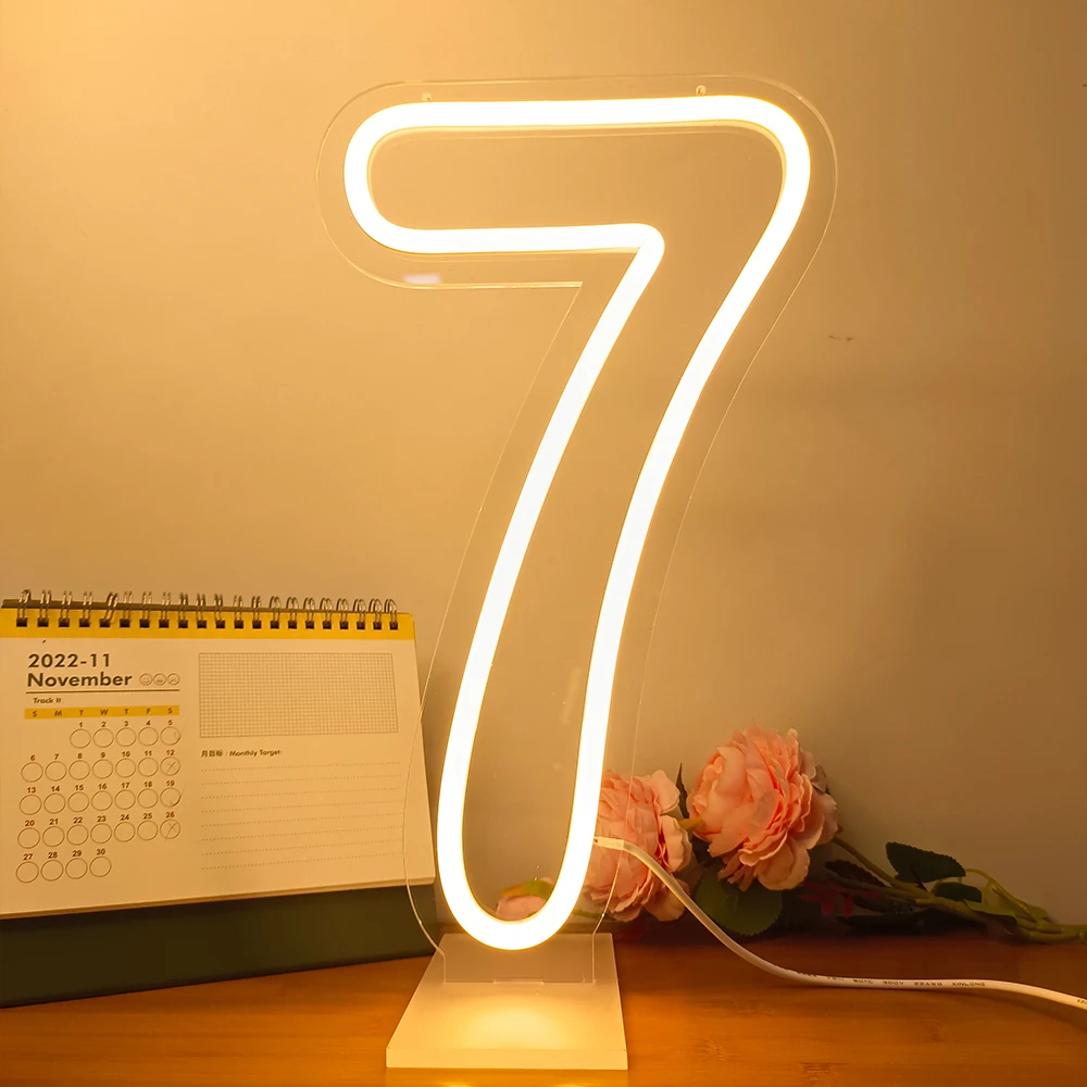 LED Number Neon 0-9 Number Party Sign 38cm Birthday Number Lights USB Powered Dimmable With Base For Background Decoration