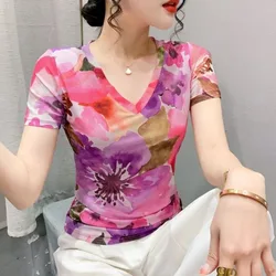 Women Summer Fashion Slim Printing Net Yarn All-match V-neck Short Sleeve T-Shirt Women Clothes Casual Appear Thin Floral Tops