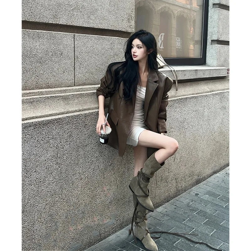 Women Cold Wind Suit Jacket Spring Autumn New Temperament Fried Street Handsome Locomotive Jacket Leather Jacket Fashion