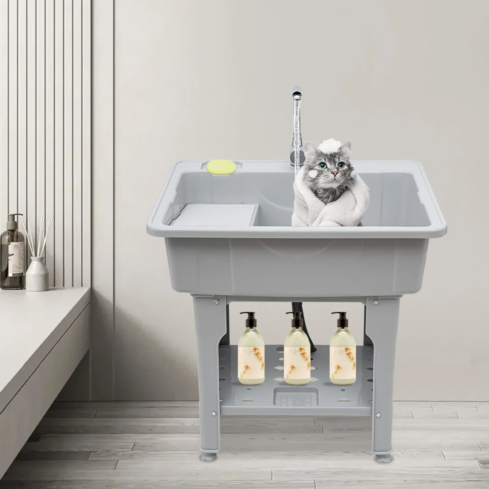

Grey Freestanding PP Utility Laundry Tub with Wash Board for Basement Garage, 360° Swivel Faucet Adjustable Feet 154lbs Load Sink for Households