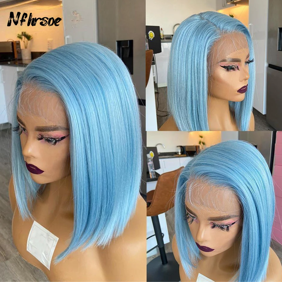 

Прозрачные кружевные фронтальные парики с плотностью 200%, бразильские цветные парики из натуральных волос для косплея, 13x4, светло-голубые, короткие прямые боб-парики для женщин