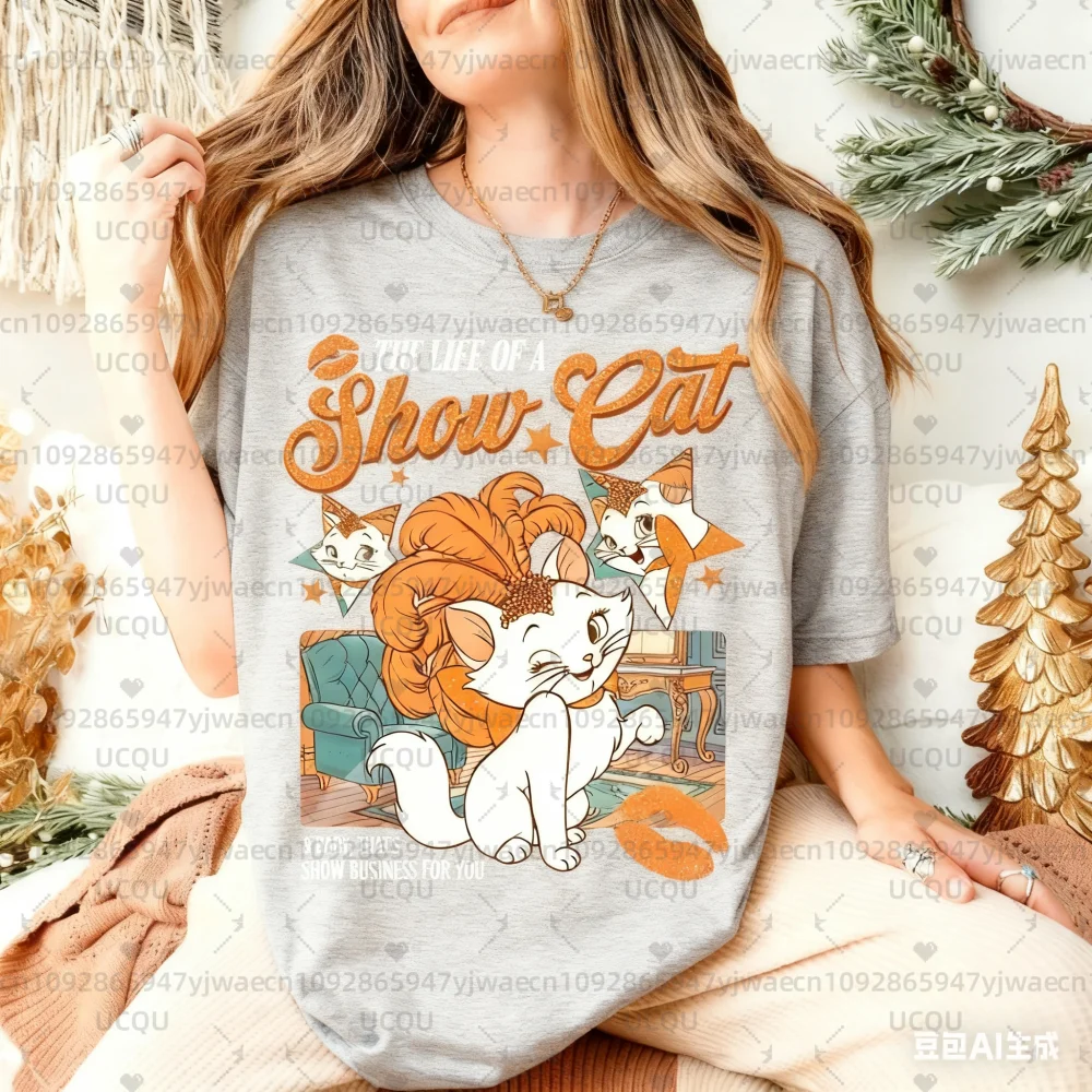 حياة ShowCat ماري القط تي شيرت الأرستقراطيين ماري فتاة رحلة القط عاشق هدية المرأة الرجال القطن Showgirl تي شيرت