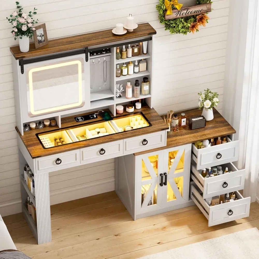 Farmhouse Dressing Table with Sliding Mirror and Light, Dressing Table with Storage Function, 60 Inch Makeup Dressing Table Set