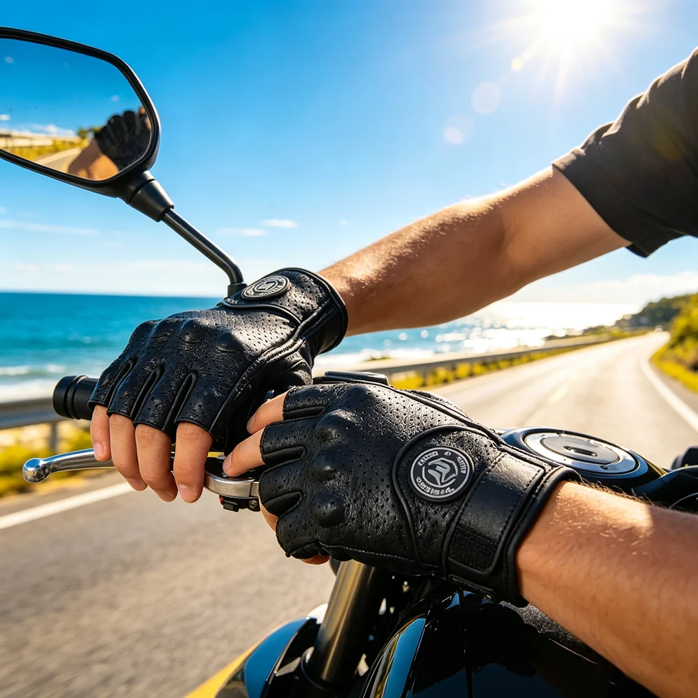 Retro Vintage Leather Motorcycle Half Finger Gloves Breathable Motocross Items Hard Shell Protection Motorbike Glove Touchscreen