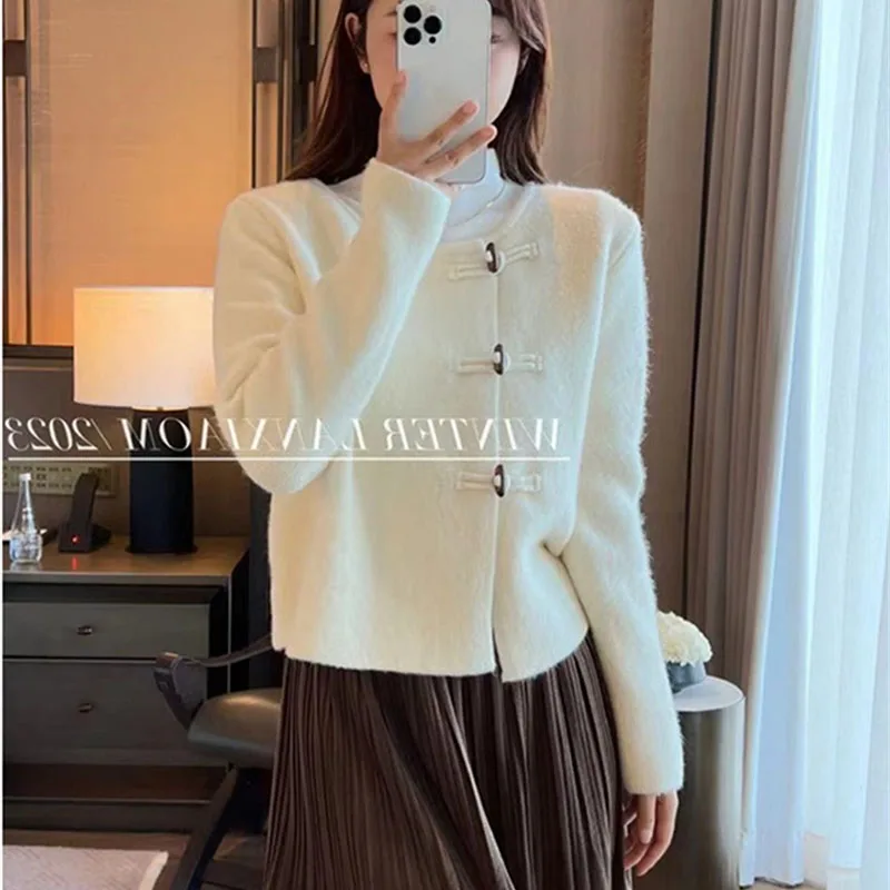 

Women Clothing Chinese Style Loose Soft Wool Knitted Cardigan Autumn Winter Temperament Vintage Chic Button Commute Sweaters