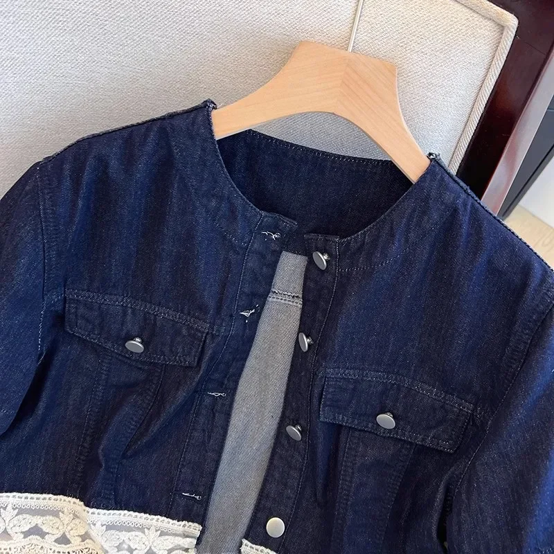 Summer New Thin Dark Blue Slim Short Denim Jacket Women Round Neck Single-Breasted Short Sleeve Lace Patchwork Jeans Jacket Coat