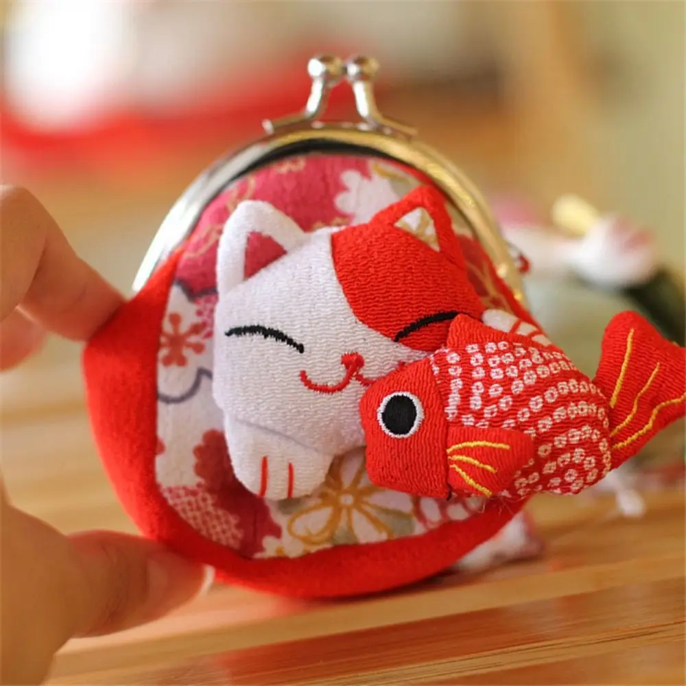 Retro Japanese Style Maneki Neko Coin Purse Flower Printing Lucky Cat Clutch Bag PU Storage Bag Card Holder Travel