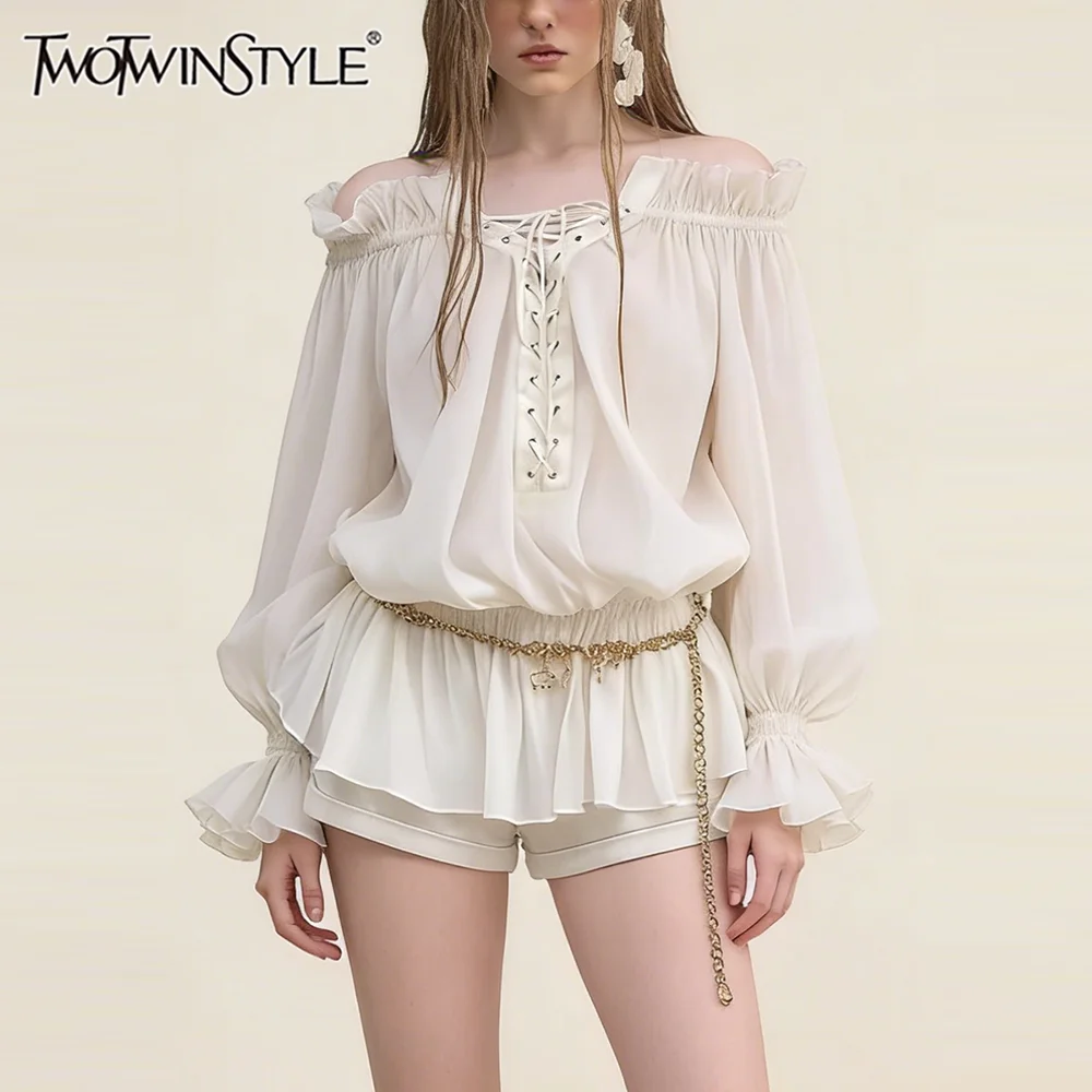 

TWOTWINSTYLE Apricot Spliced Bandage Two Piece Set Female Slash Neck Long Sleeve Shirt French Elegant Women's Pants Sets Summer