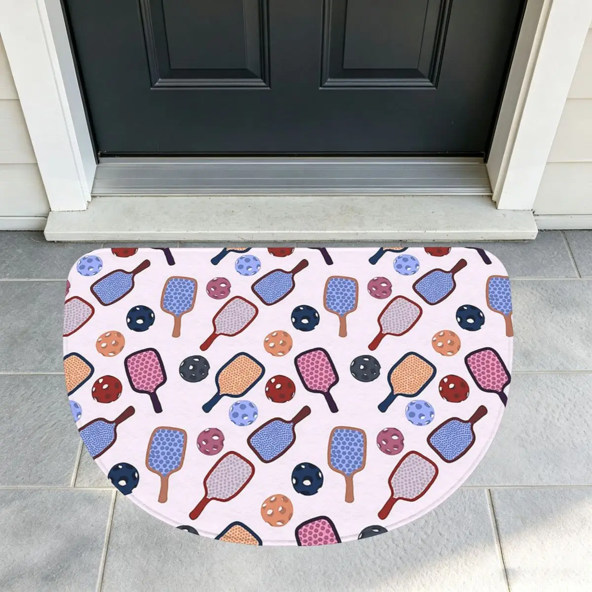 Purple Pickleball Pattern Soft Flannel Half Round Doormat Non Slip Bathroom Mat Absorbent Floor Carpet for Home Bedroom