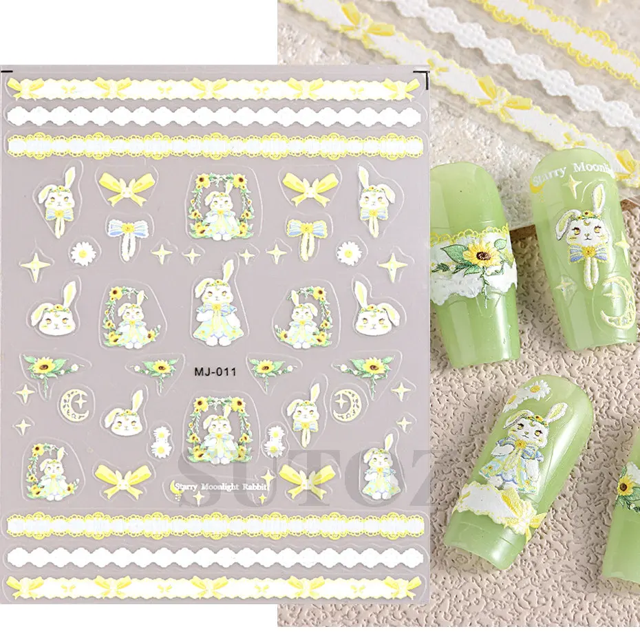 3D Teddy Bear Cute Cartoon Nail Sticker Rabbit Fruit Bow Child Manicure Decal Kawaii Animal Fun Nail Accessories And Tool MJ-019