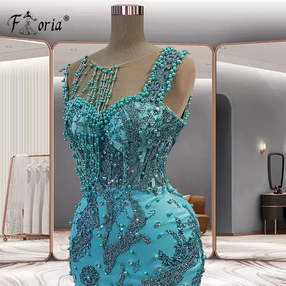 Elegant Pearls Stones Mermaid Evening Dress Mint Green Beaded Chains Slit Floor Length Sheer Prom Dress Couture Robe De Soiree