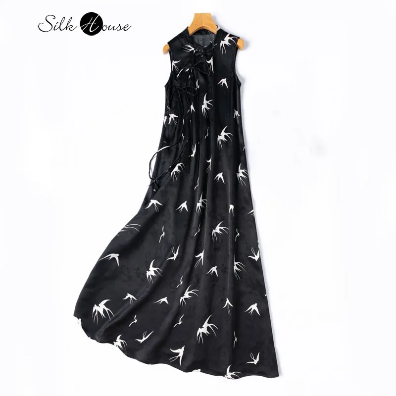 

2025 Women's Fashion Summer New Style New Chinese Black 100% Natural Mulberry Silk Jacquard Satin Temperament Tank Top Dress