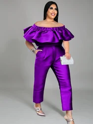 Purple Plus Size Sets Women Off Shoulder Ruffles Tops and High Elastic Waist Pants for Ladies Street Evening Party Two Piece Set