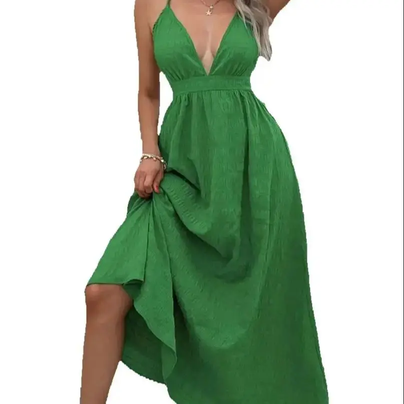 Robe longue à col en V profond de couleur unie – Robe longue sexy à bretelles fines pour femmes, style vacances