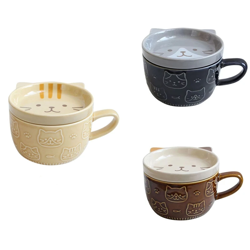 MAKE-Cinta xícara de café de gato de desenho animado japonês com tampa - xícara de leite de café da manhã para casais, ideal para uso doméstico e de escritório