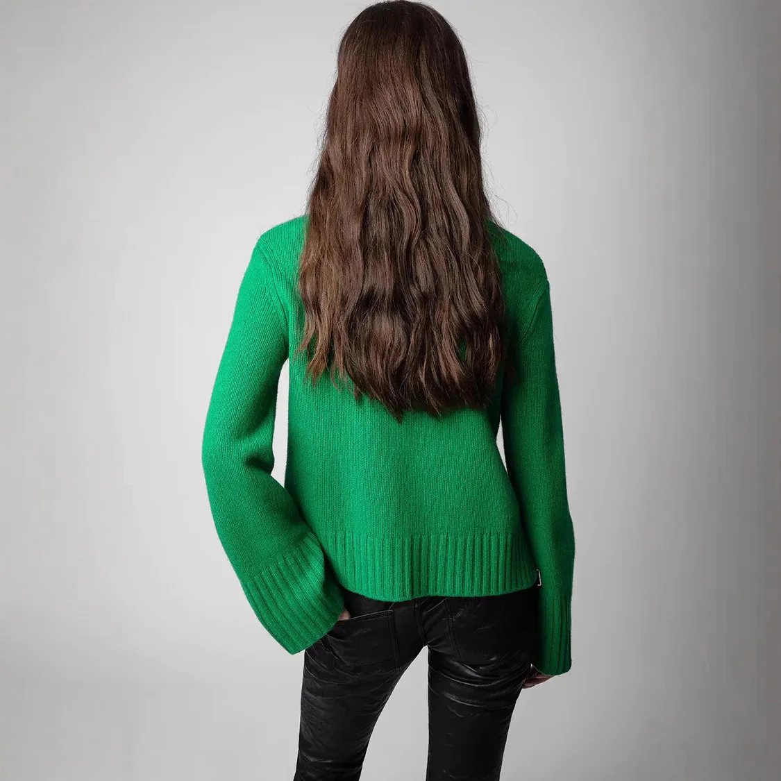 الخريف والشتاء جديد الفرنسية المتخصصة وجه مبتسم رسالة معلقة الصوف الأخضر 100% الصوف محبوك سترة المرأة سترة