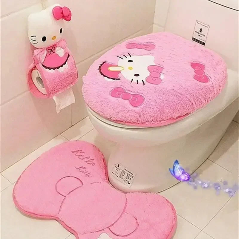 Sanrio Anime Hello Kitty Toilet Seat Cushion Three Pieces Set Restrooms Universal Winter Household Plush Toilet Seat Cover gift
