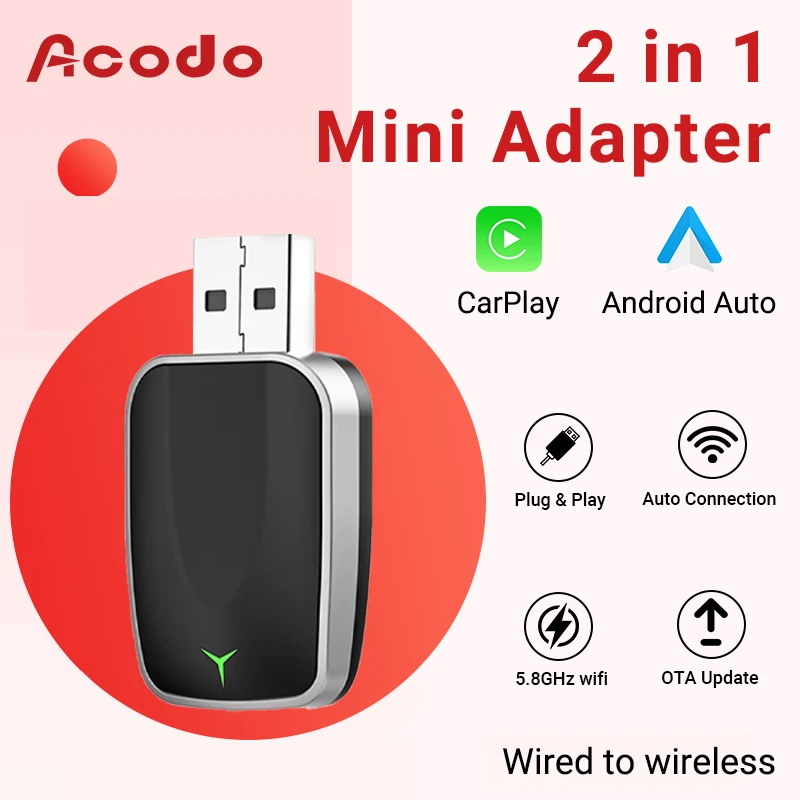 

Acodo 2in1 Mini Wired to Wireless CarPlay&Android Auto Adapter is compatible with 99% of cars with original wired CarPlay/Auto