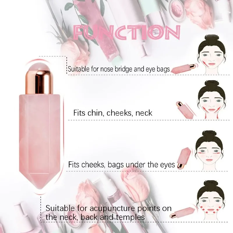 Garrafa de rolo de óleo essencial de cristal de quartzo rosa, massagem de beleza, ferramenta de cuidados com a pele para relaxamento muscular corporal do pescoço facial