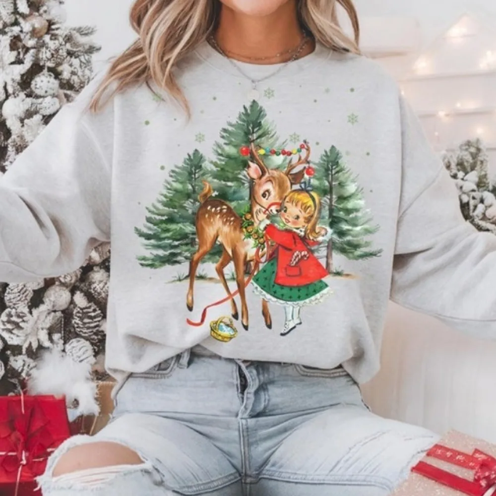 خمر عيد الميلاد فتاة و الرنة هوديي الرجعية 1950's عيد الميلاد سترة شجرة عيد الميلاد البلوز الشارع أزياء الشارع الشهير #1