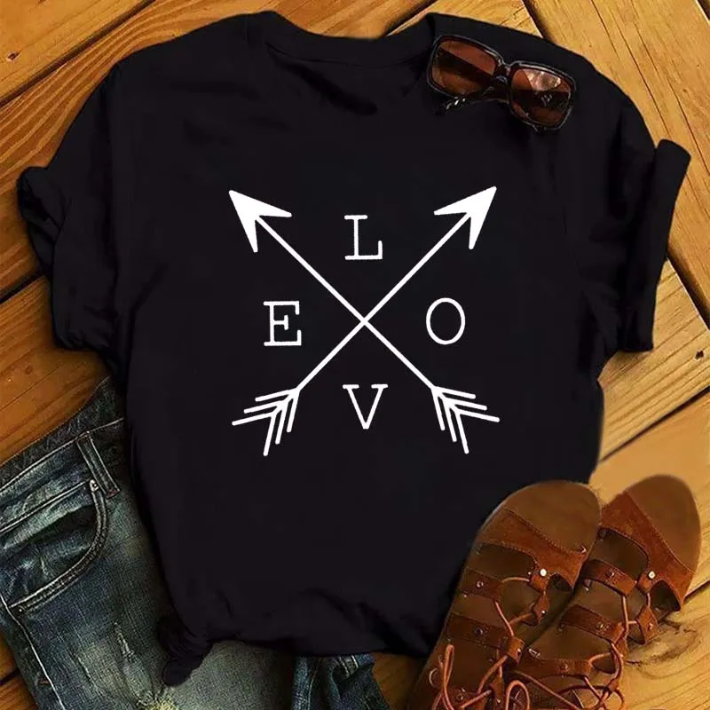 Women T Shirt Funny Faith Hope Love Harajuku T-shirt Summer Casual Short Sleeve Tops New Love Heart Woman Tees Black Tops