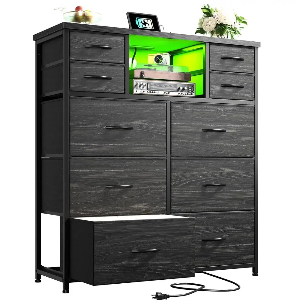 for Bedroom with 10 Drawers Featuring LED Light and Power Outlet, Fabric Dressers amp Chest of Drawers with Open Shelves for Ha
