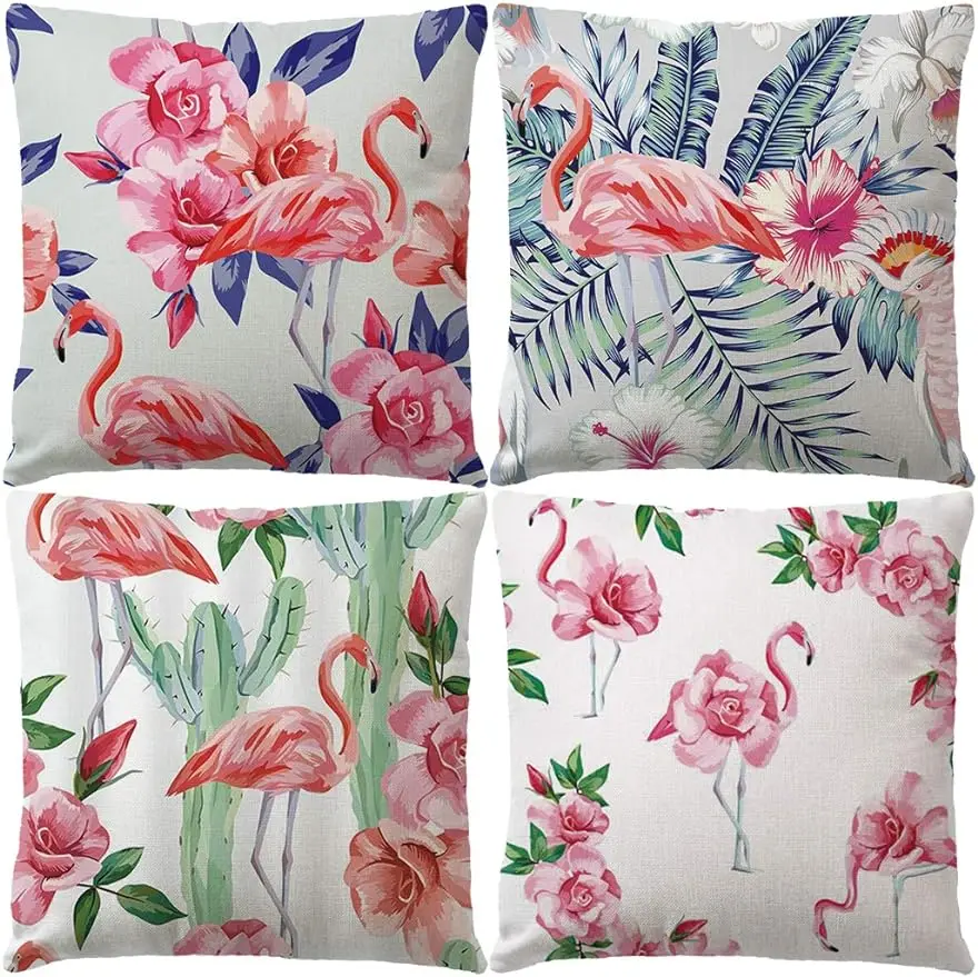 Rose throw pillowcase pink flamingo with tropical plants, cushion cover home décor pillowcase 40x40 cm for sofa