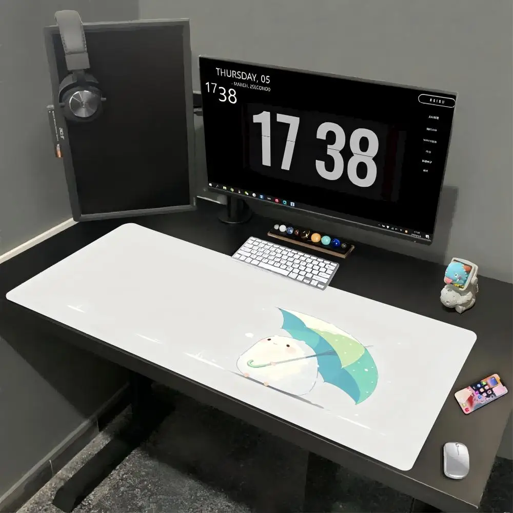 Big XXL Kawaii Desk Mat Minimalist White Hamster With Umbrella Rain Drop Solid Color Background Non Slip Rubber Keyboard Pad