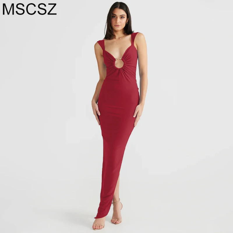 

MSCSZ Sexy Hollow Out Backless Maxi Dress Women Bodycon Long Summer Dress Elegant Spaghetti Strap Evening Party Dresses 2024