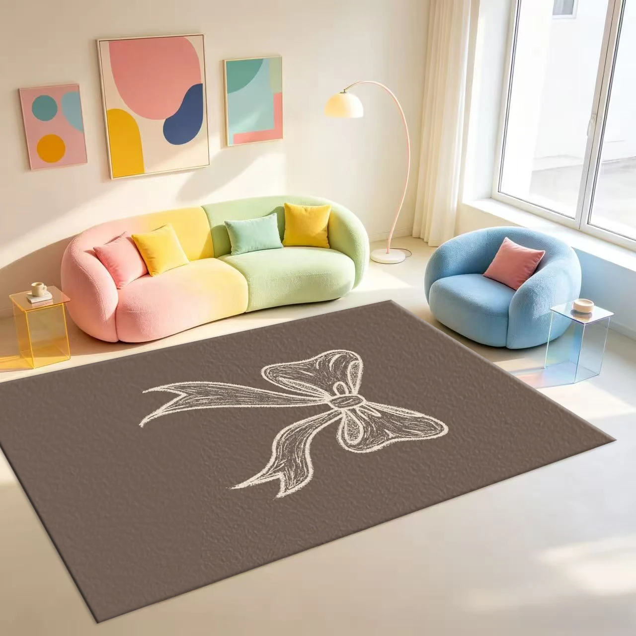 Brown Background Sketch Bowknot Carpet Floor Decoration Simple Hand-Painted Style Home Bedroom Carpet