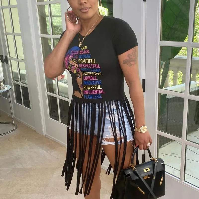 Women Summer Fashion  Casual Short-sleeved Printed Tassel T-shirt Tops Indie Style White Black African Clothing Wholesale