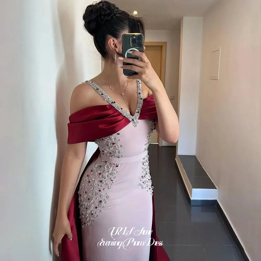 

IRIS Elegant Luxury Contrast Color Off Shoulder Satin Cape Deep V Neck Mermaid Floor Length Gala Prom Evening Dresses for Women