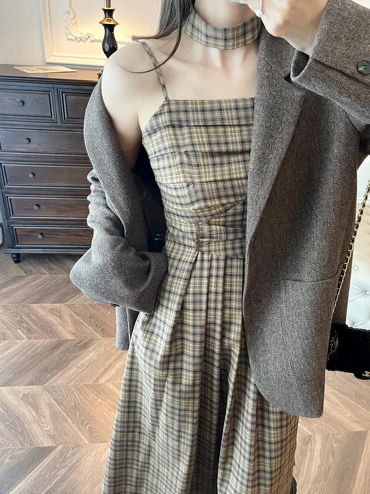 

High Densi High Twist Color Woven Gingham Pleated Cold Tone Retro Strap Dr Commute Korean Sle High Waist Polyester A-L...