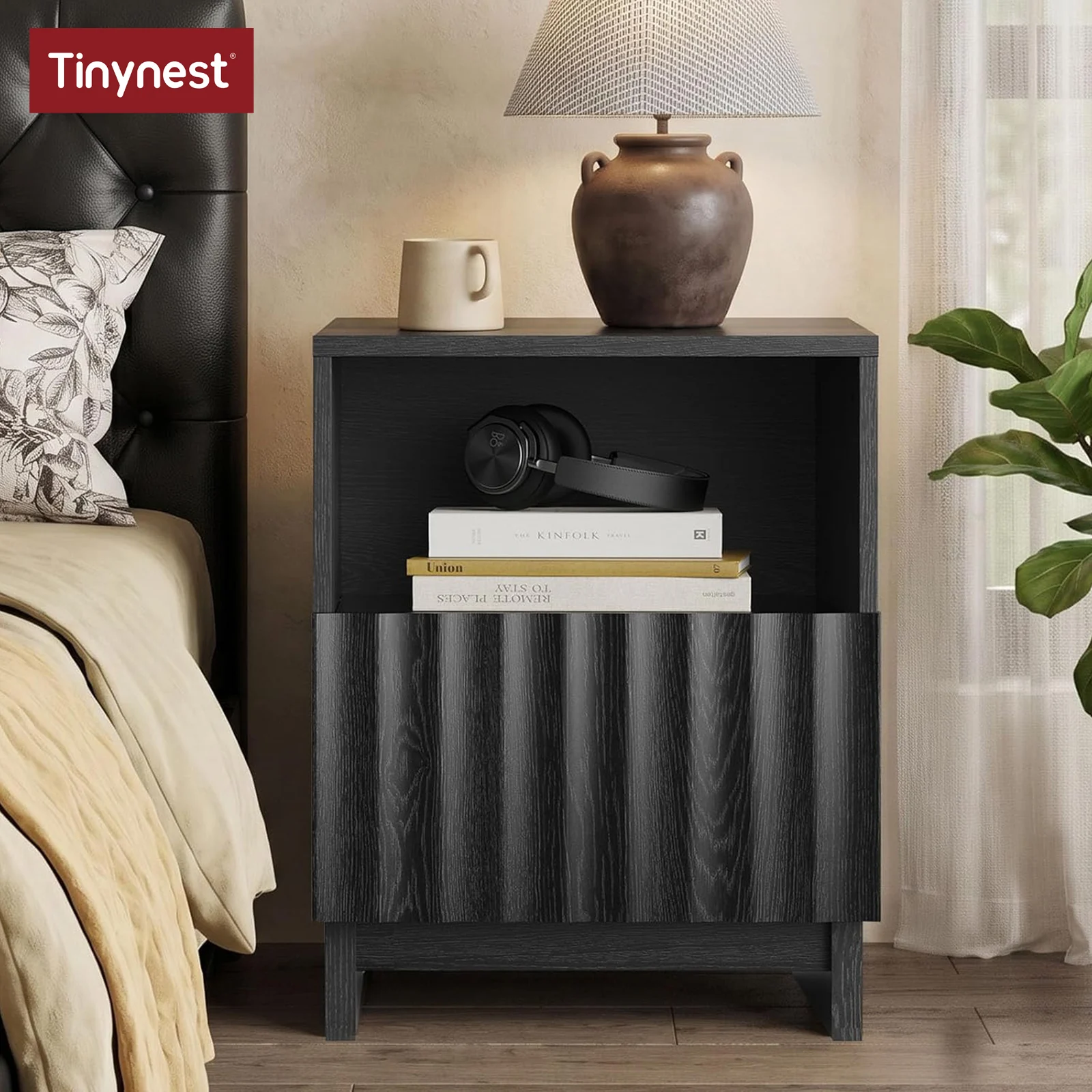 TinyNest Fluted Nightstand, 17.7 inch Modern Wood Bedside Table With Storage Drawers & Open Shelf, Mid-Century Small Coffee Tea Sofa Side Table, End Table Storage Cabinet For Bedroom, Living Room