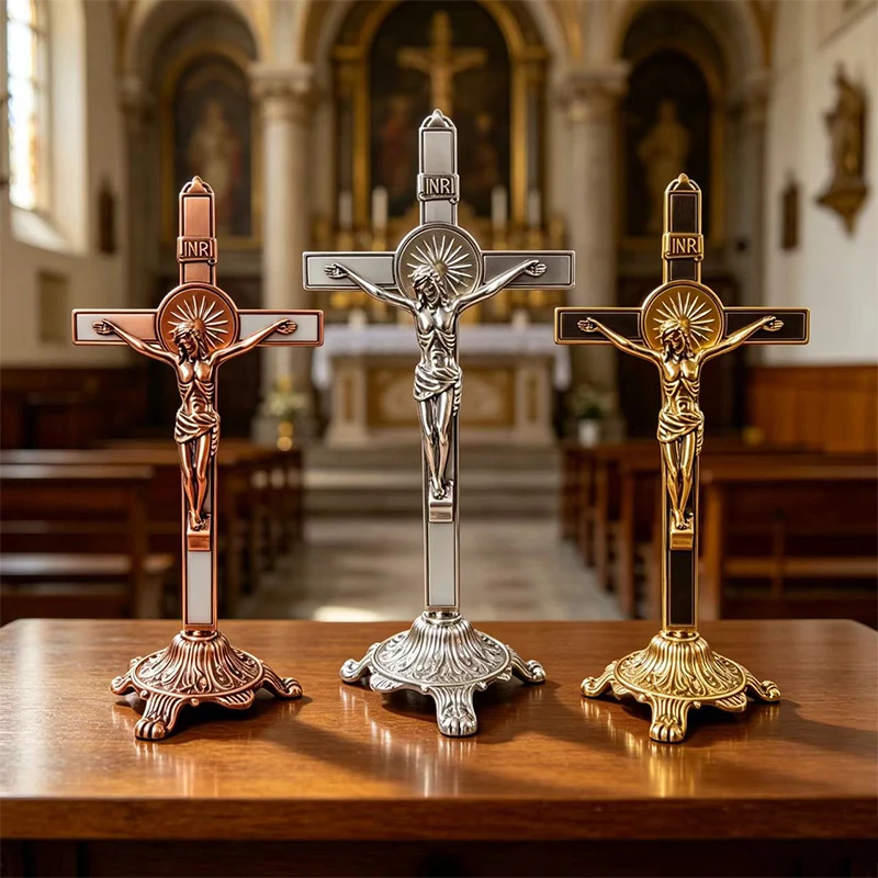 Neues 26cm großes zweifarbiges (Gold-Silber) stehendes Kruzifix mit Jesusfigur und Sockel für Kirchenaltar, Gebet, christliches religiöses Geschenk, Dekoration – Detail 1