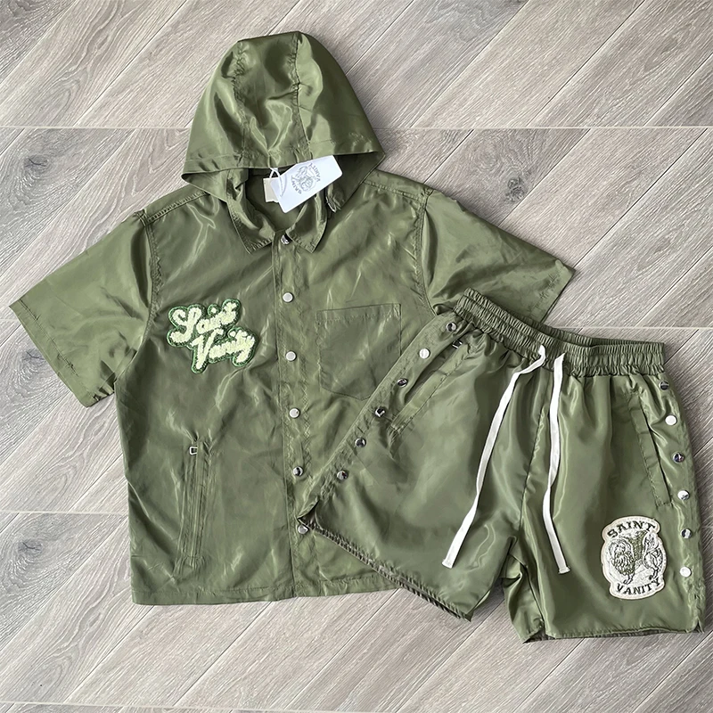 

SAINT VANITY Men's Embroidered Casual Sporty Windbreaker Detachable Hooded Short-sleeved Short-shorts Set Real Green Photos